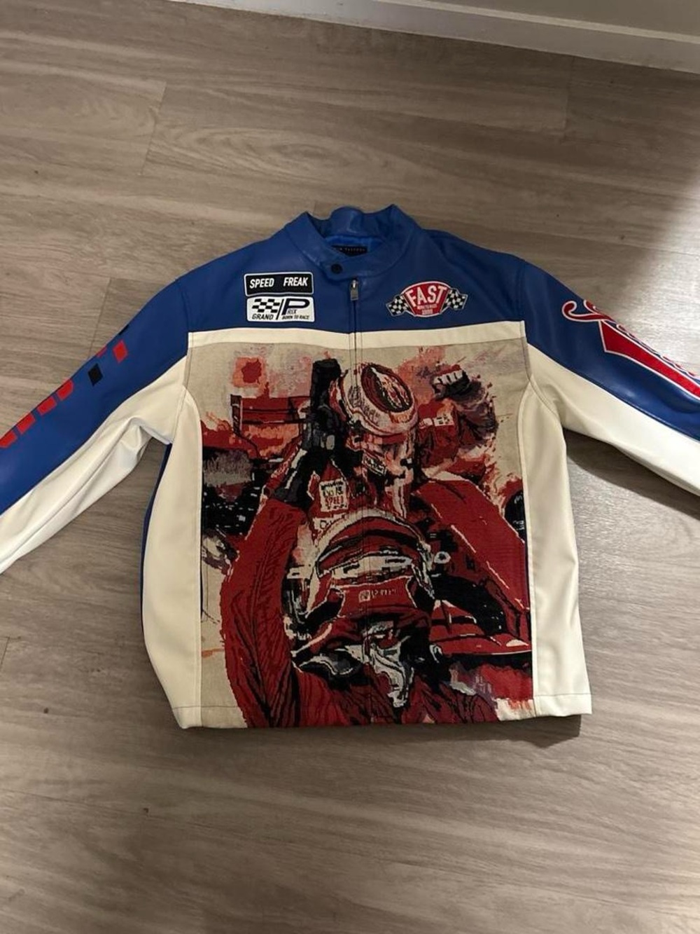 Racing-Graphic Blue, Red & White Bomber Jacket